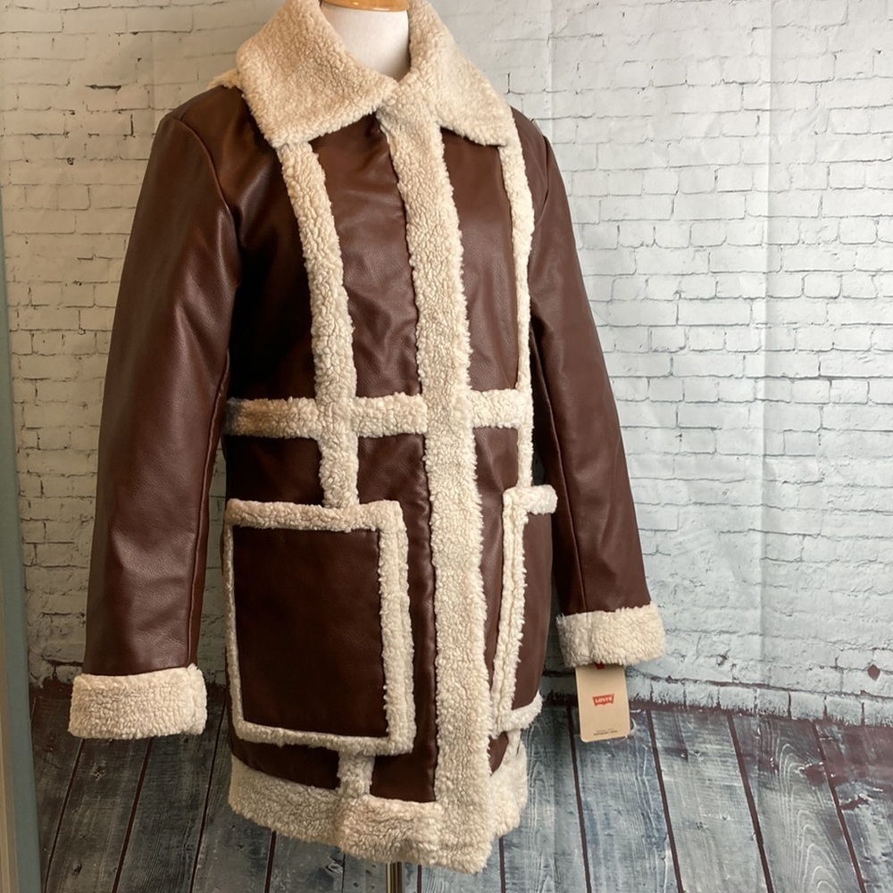 Levi's NWT Vegan Leather Sherpa Spill Out Coat SZ S Boho 70’s Retro Penny Lane - Picture 7 of 15